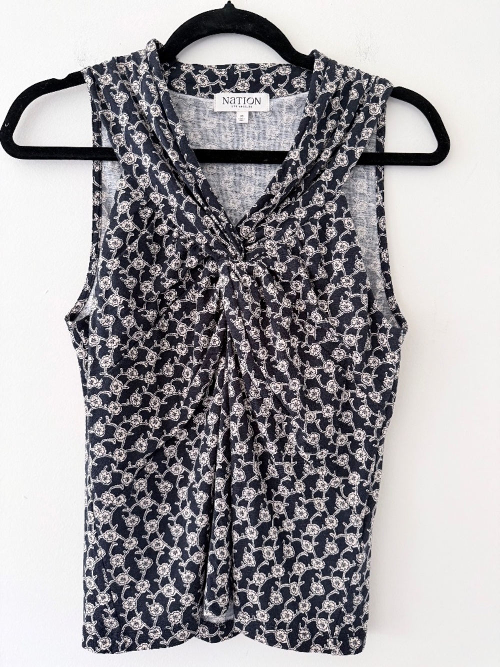 Nation Ltd. Pima Cotton Sleeveless Twist front Sleeveless Knit Top Navy Floral